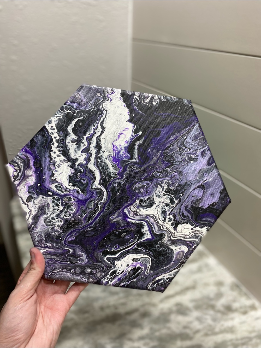Abstract Hexagonal Canvas Art in Purple and Black w/ Glitter - Picture 5 of 8